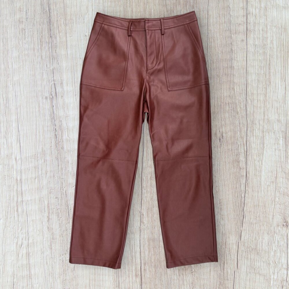 7 For All Mankind Brown Faux Leather Straight Leg High Waist Ankle Pants M